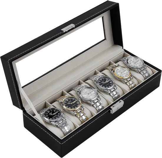 Cassetta orologio, 6 orologi, cassetta di conservazione con coperchio in vetro, cassetta orologio con vetrino, rivestimento in velluto, chiusura metallica, custodia in PU nera