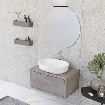 Mobile bagno sospeso 80 cm grigio cemento con lavabo a bacinella e specchio tondo Master