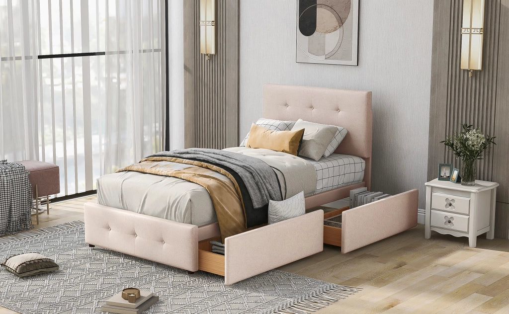 Letto imbottito in velluto con 2 cassetti, 90x200 cm, beige scuro