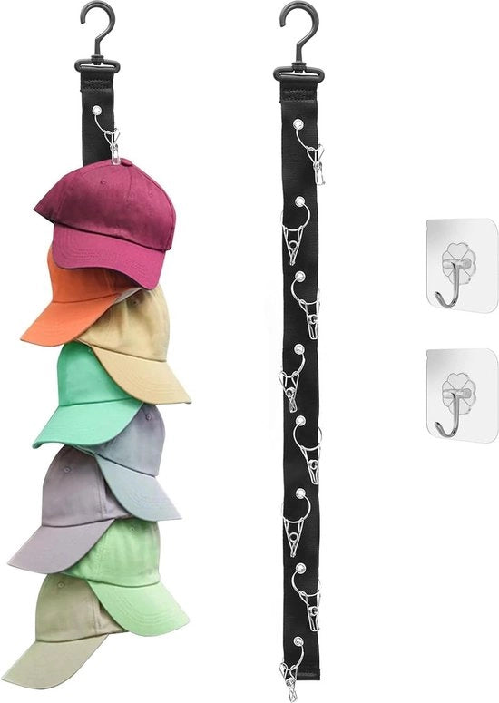 Oggetto di Supporto per Cappello con 16 Clip - Organizzatore di Magazzino per Cappello da Appendere con 2 Ganci Adesivo per Parete Porta Armadio