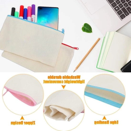 Etui in stoffa bianca per DIY - 12 pezzi, da personalizzare - 6 pastelli colorati e 12 pennelli per dipingere.