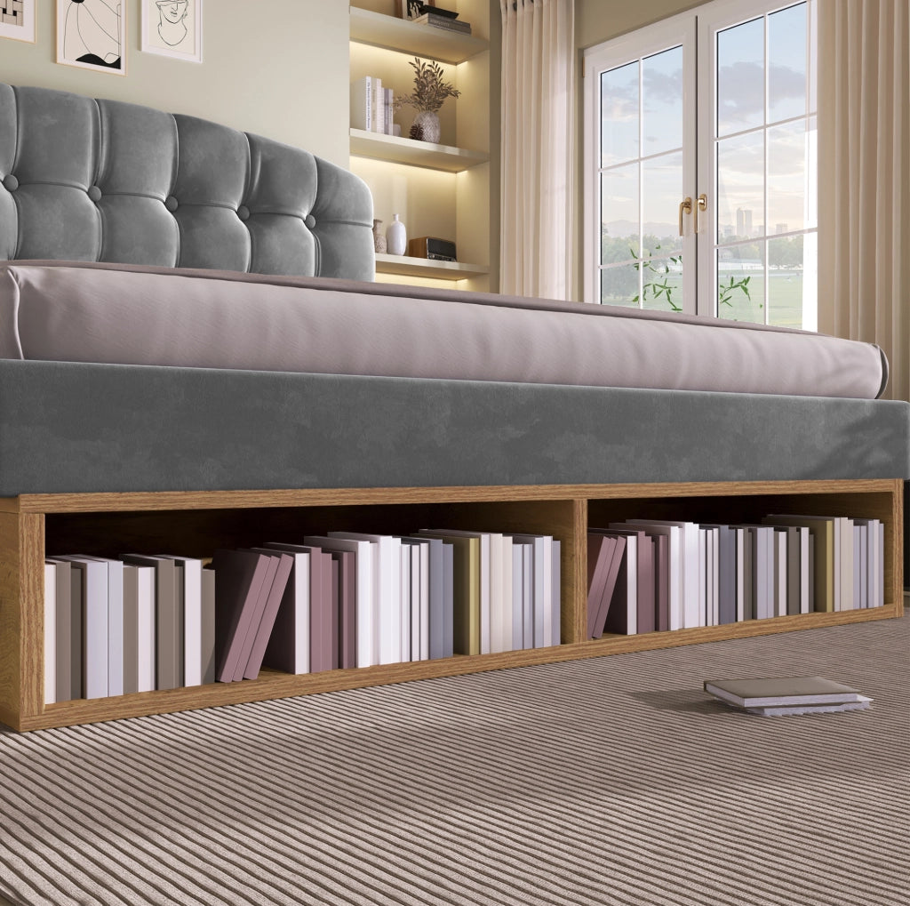 Letto imbottito grigio 140 x 190 cm con testiera regolabile e contenitori