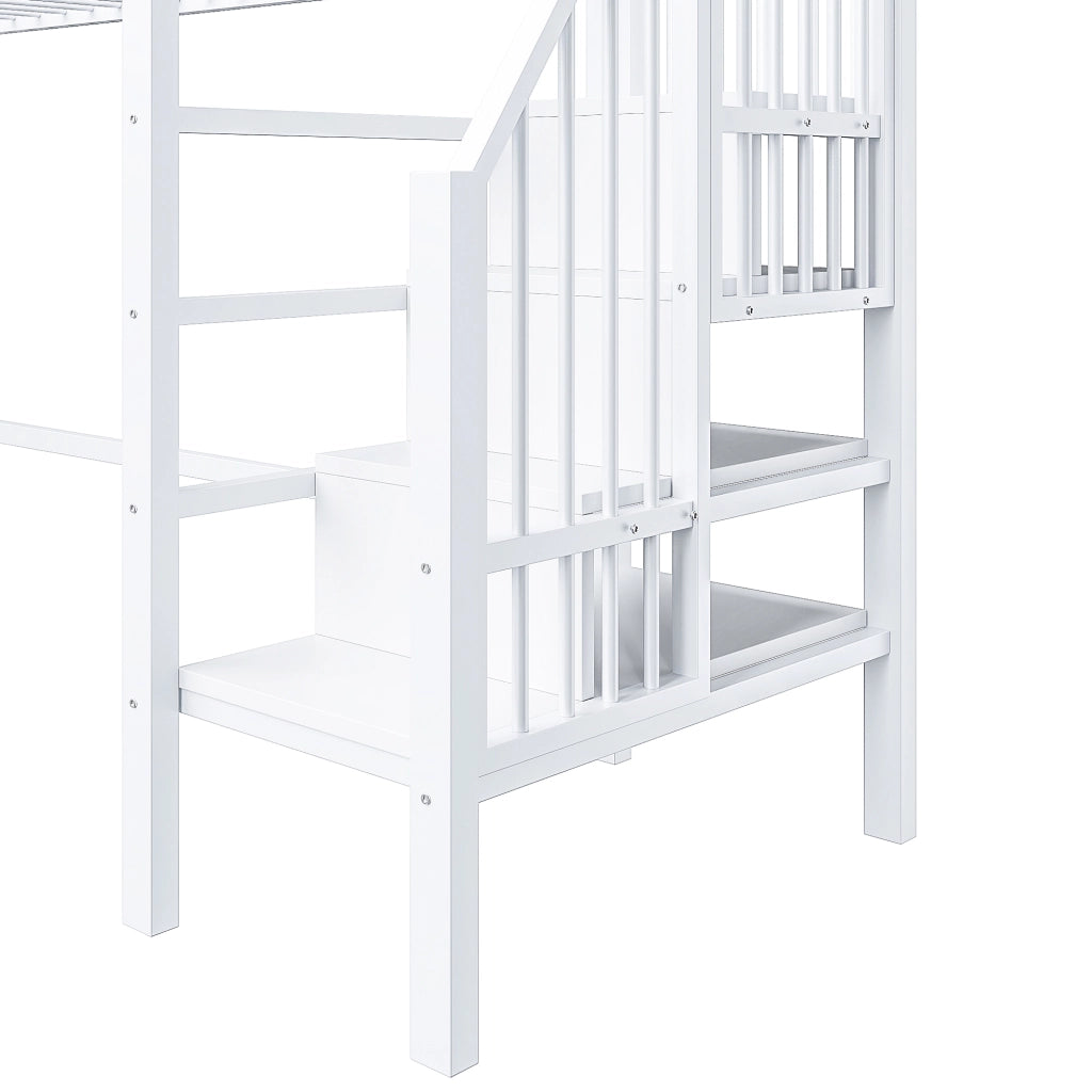 OKWISH Letto a soppalco 90×200 cm, Letto Singolo con Mensole, Scala con Contenitore e Sponda, senza Materasso, in Metallo, Bianco
