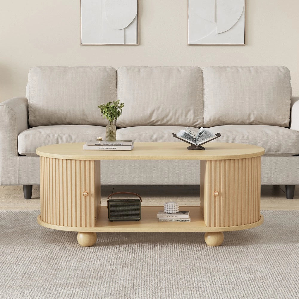Tavolino Ovale da Salotto con Vano Contenitore e Ante Scorrevoli ¨C MINIMAL ¨C Legno