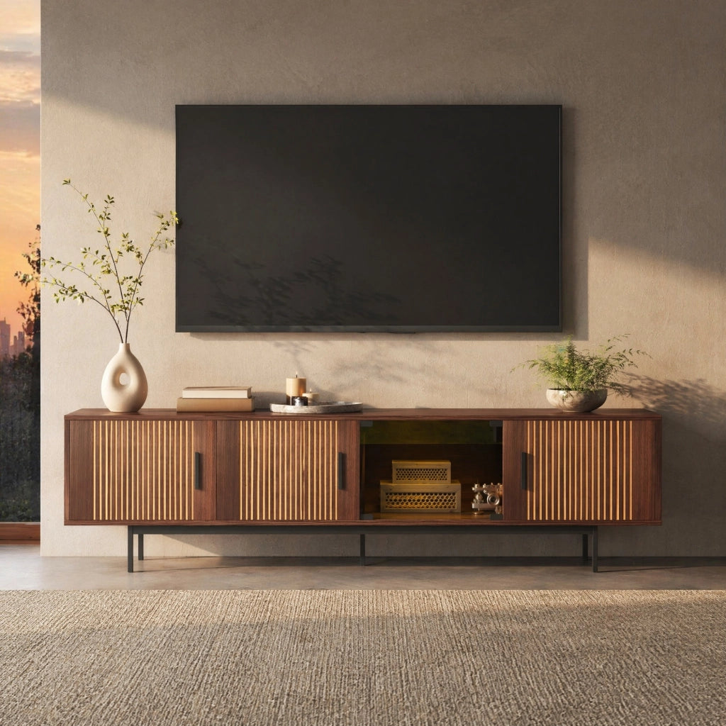 Mobile TV moderno 200 cm con LED smart Bluetooth, finitura noce e nero