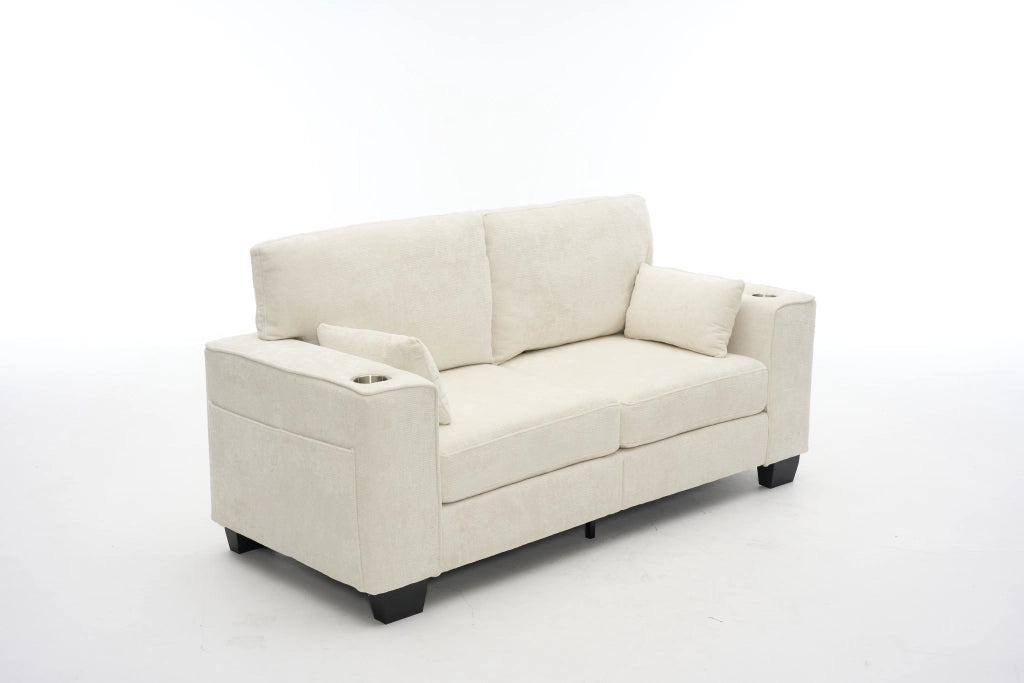 Divano lineare - con portabicchieri e tasche laterali - in chenille beige - 182 cm