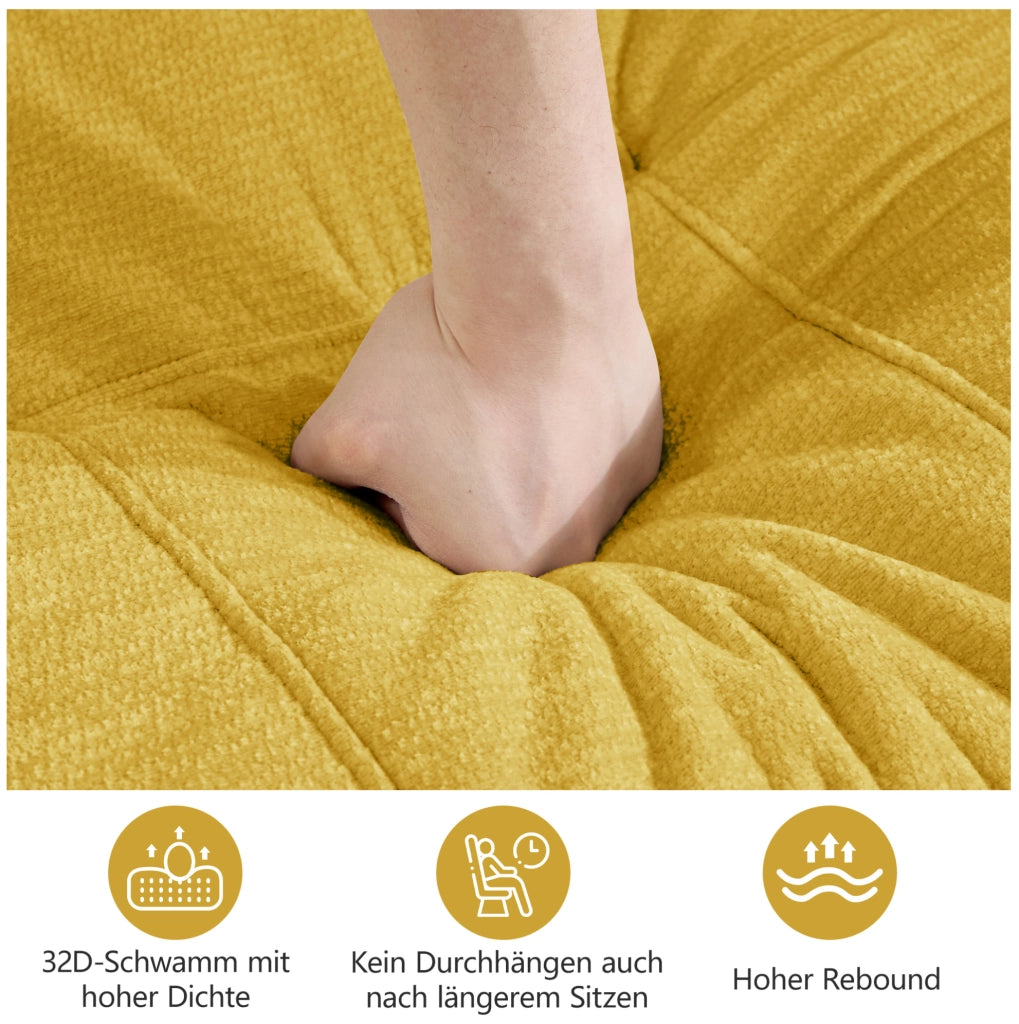 Divano modulare angolare 194x160x68 cm in chenille gialla con pouf; senza montaggio