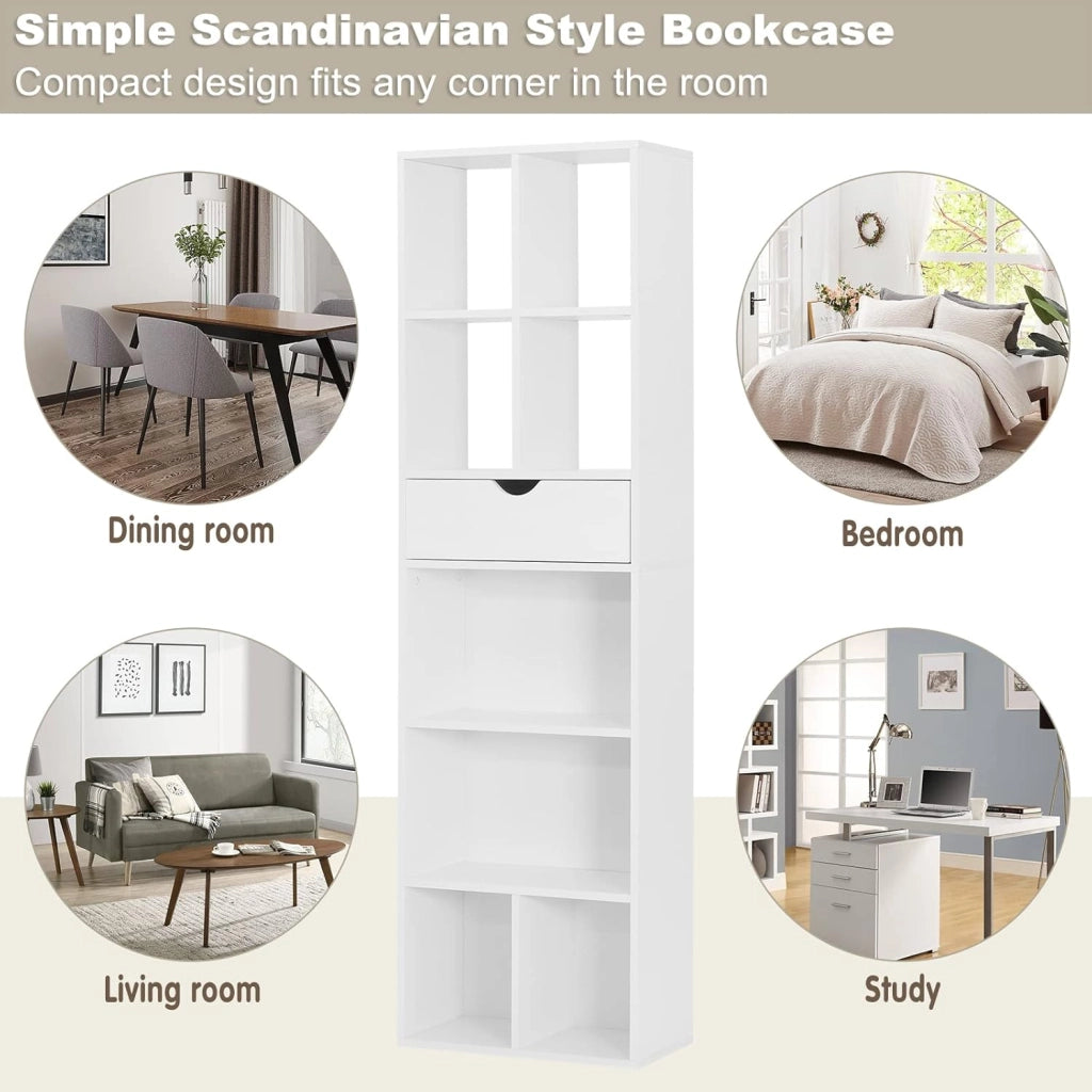 Libreria Bianca, Scaffale Soggiorno con 8 Vani Portaoggetti, Mobile in Legno Salvaspazio con Cassetto, Portalibri da Terra Moderno per Camera da Letto, Ufficio, 50x24x168 cm
