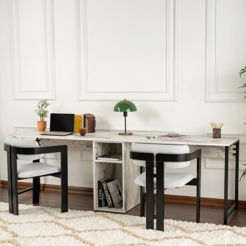 Scrivania Violet, Scrittoio multiuso, Tavolo per ufficio porta PC, Piano di lavoro, 240x60 h74 cm, Marmo e Nero