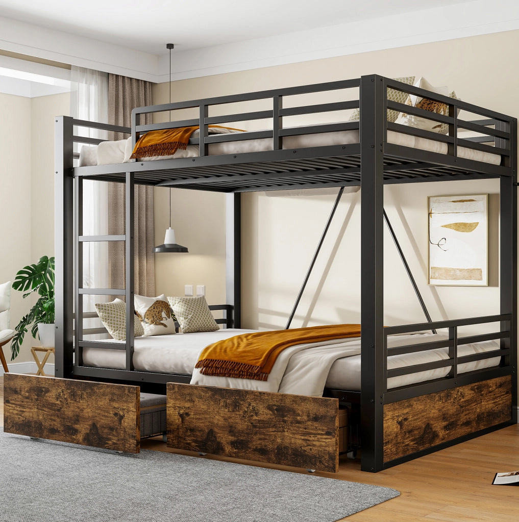 Letto a castello alto 140x200 cm in metallo e legno con cassetti; nero