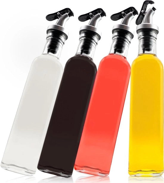 Set di dispenser per oli vegetali - 4 x 250 ml bottiglie in vetro (Madeira) con beccuccio e etichette | senza perdite senza residui anti-blocco