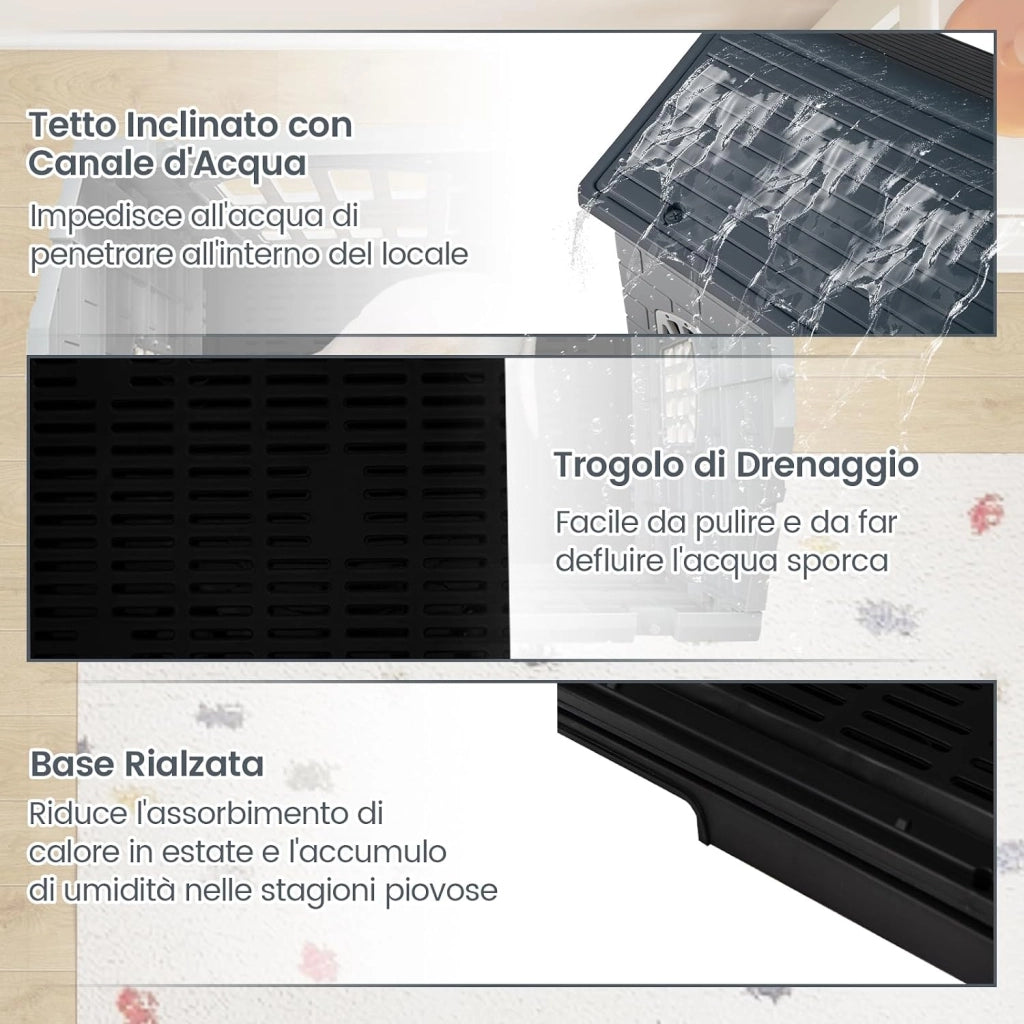 Cuccia per Cani da Esterno ed Interno, Casetta Impermeabile e Ventilata con Vassoio Toilette Rimovibile, Porta Bloccabile, 3 Finestre e Tetto a Pendenza, per Cani di Piccoli e Gatti (Grigio)
