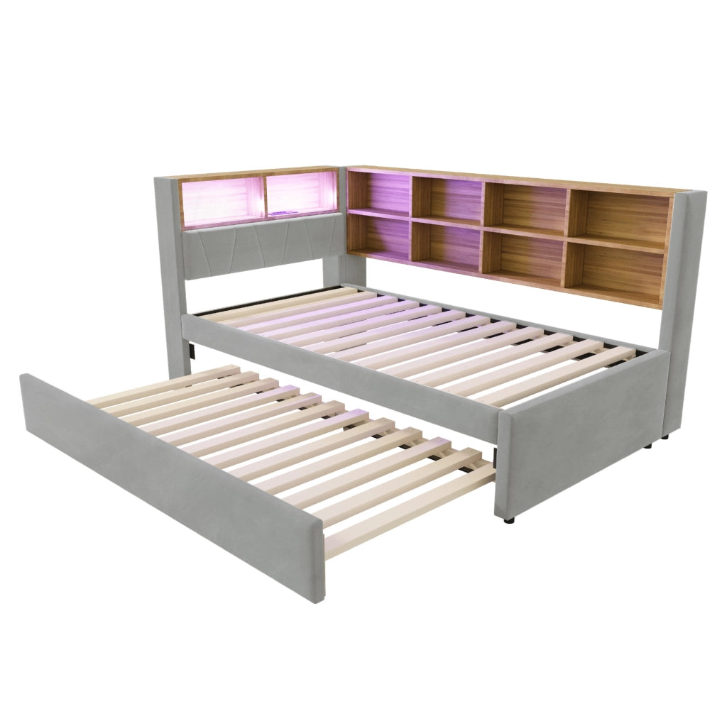 Divano letto 90x200 cm con letto estraibile; LED e porte di ricarica in flanella grigio chiaro