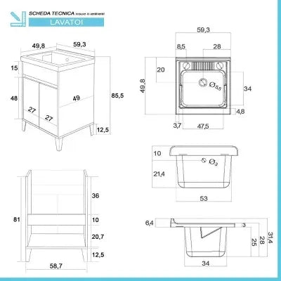 Mobile lavatoio 60x50 Way bianco lucido con vasca asse e kit scarico