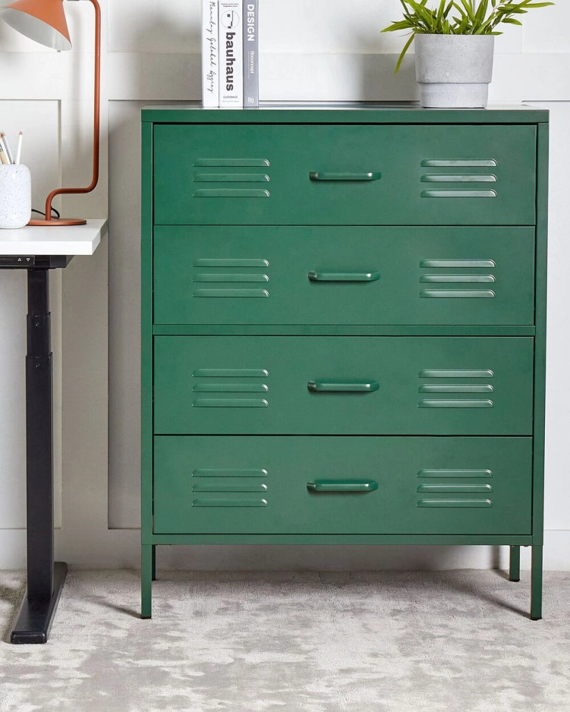 Armadio a 4 cassetti in metallo verde scuro in acciaio stile industriale per home office