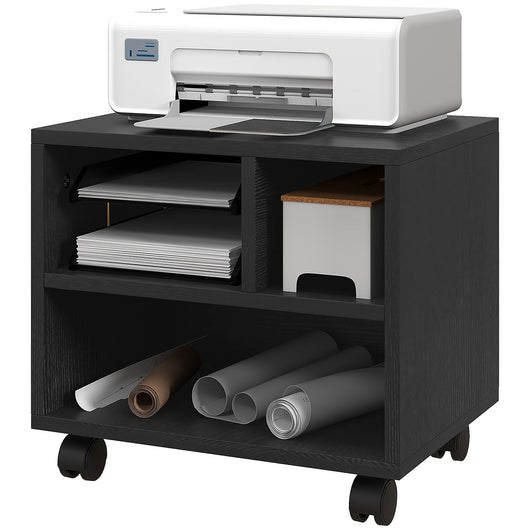Mobile Porta Stampante a 2 Livelli con 3 Scomparti e Ruote per Ufficio e Studio 40x30x36 cm in Truciolato Nero