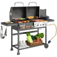 Barbecue a Carbone e Gas con 3 Bruciatori e Coperchio, Termometro, Ruote e Ripiani, Nero