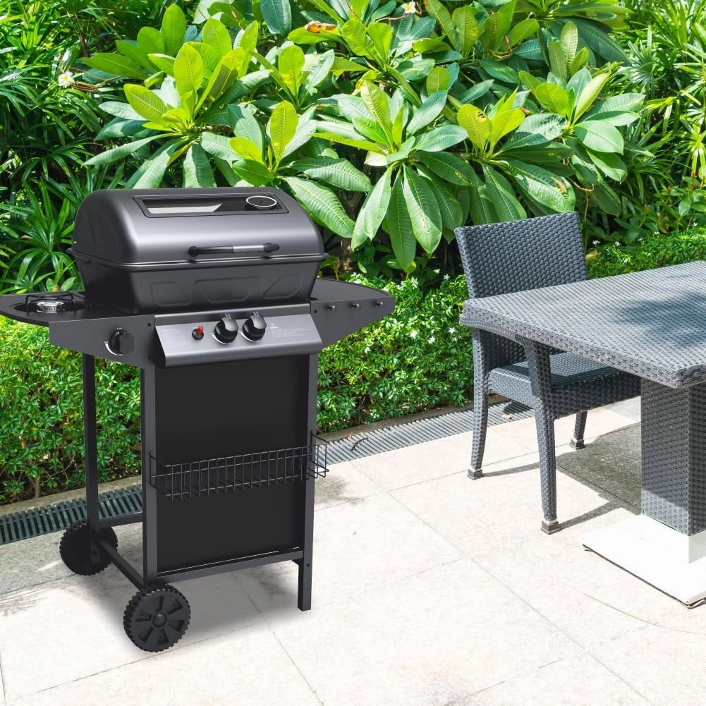 Barbecue a Gas Pietra Lavica 2 Fuochi + Fornello Piano Laterali Griglia Acciaio