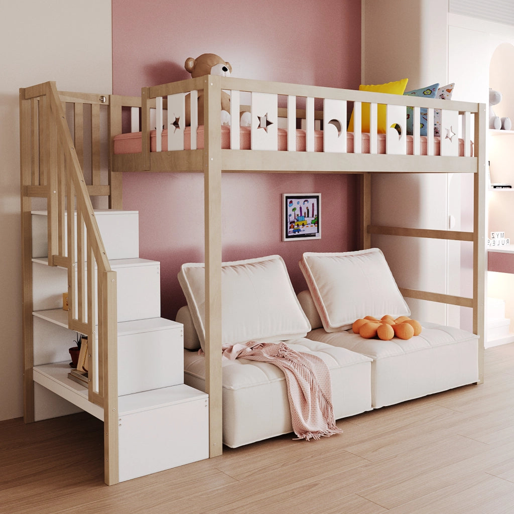 Letto a soppalco singolo con scala con ripiani e sponde; 90 × 200 cm; senza materasso