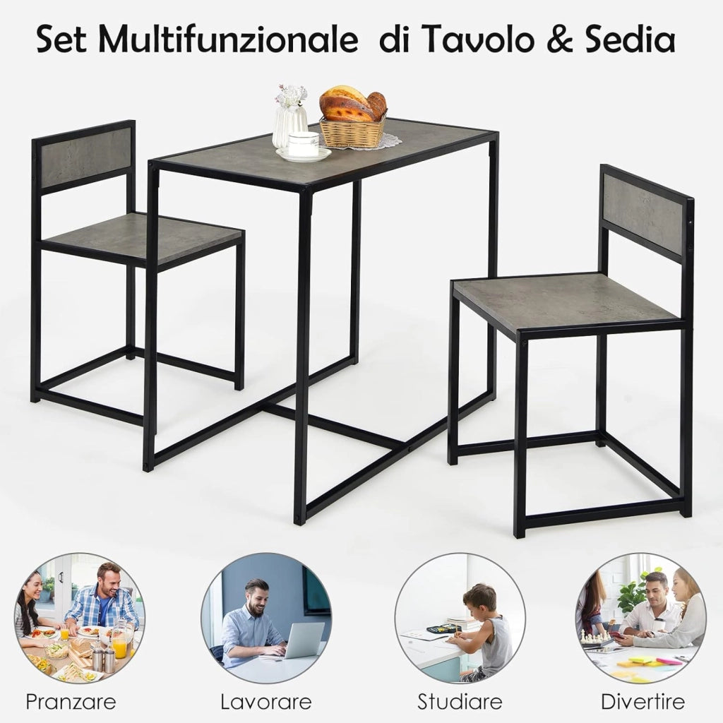 3 Pezzi Set Mobili da Pranzo, con Tavolo e 2 Sedie da Cucina, Struttura di Metallo e Legno, Rustico Elegante (Nero + Grigio)
