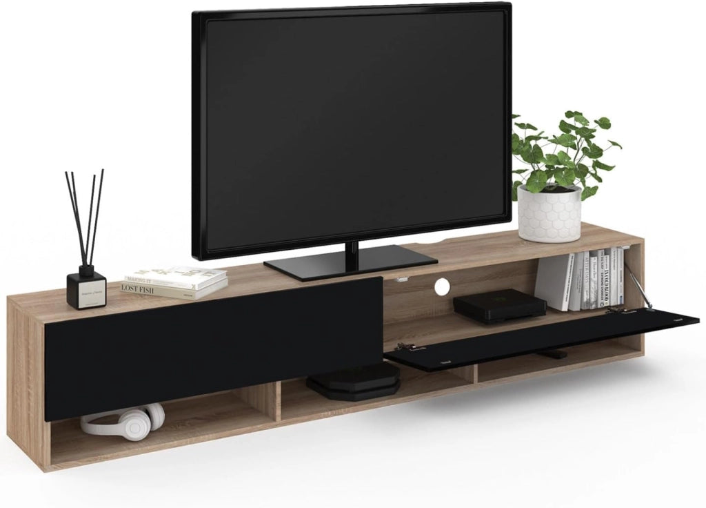 Mueble TV suspendido ELIO con estante de 2 puertas en madera y negro 180 cm