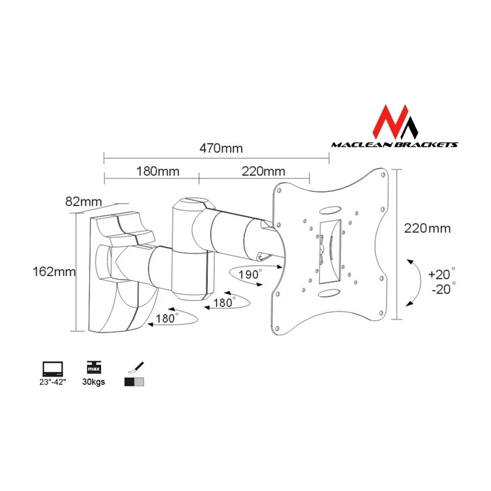 Staffa per montaggio a parete TV LCD LED Plasma 23-42'' fino a 30kg max vesa 200x200 Argento
