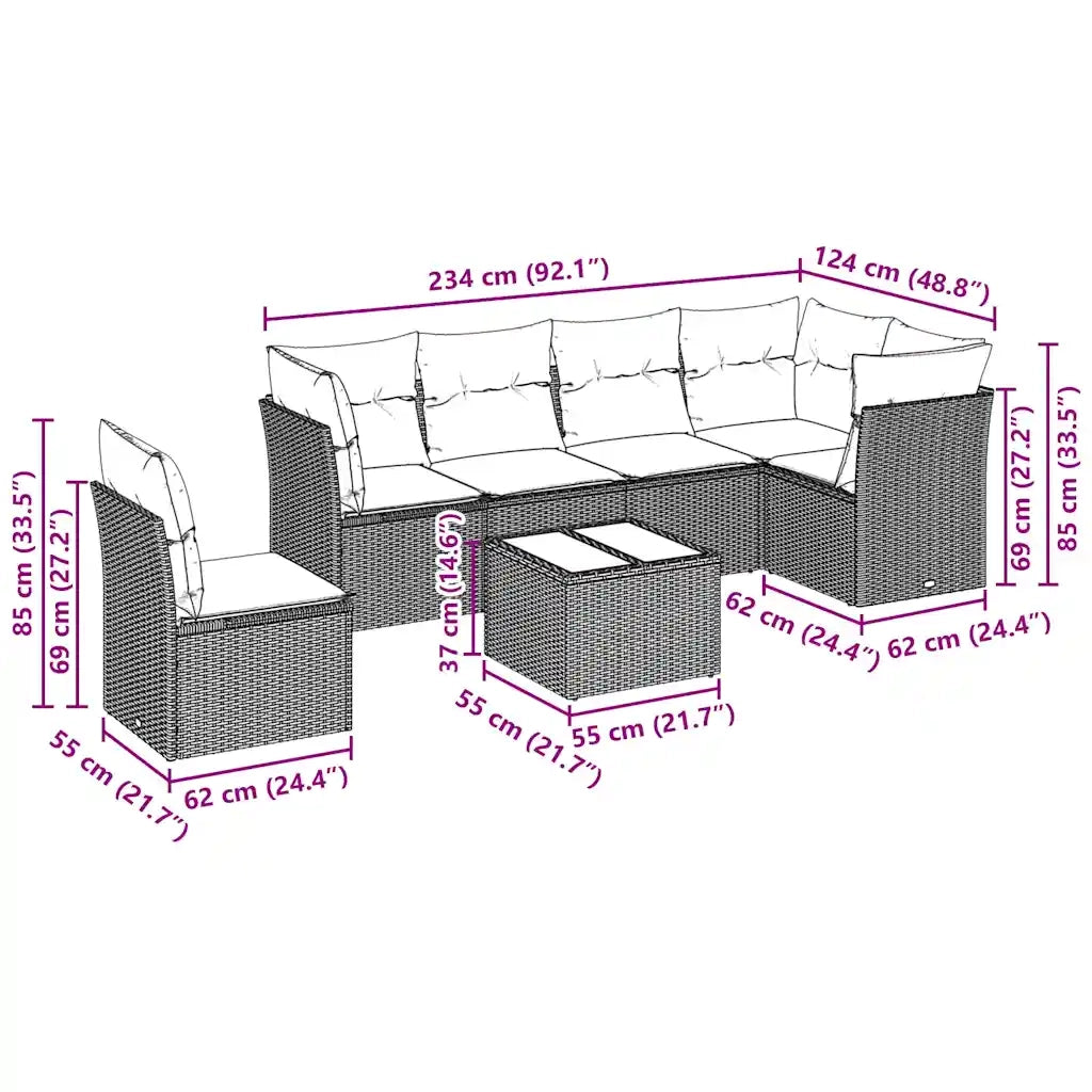 Set Divani da Giardino 7pz con Cuscini Grigio Chiaro Polyrattan