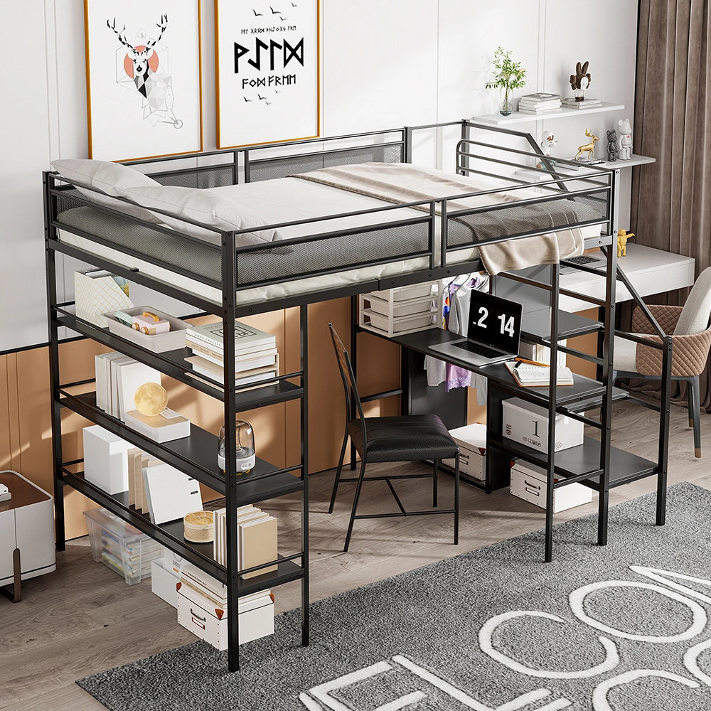 Letto a soppalco 140x200 - Xylo - 3 ripiani scrivania armadio - Nero