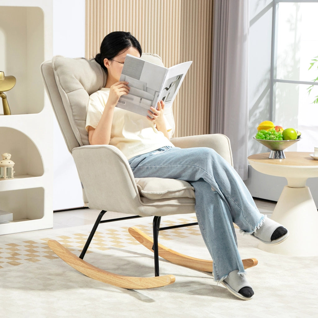 Poltrona a Dondolo ¨C Zephmum ¨C Tessuto Chenille, Imbottita, 71x98.5x97 cm, Beige