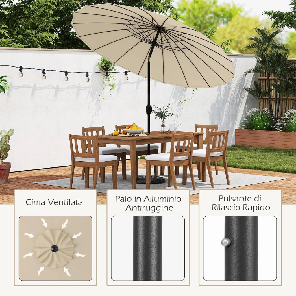 Ombrellone da Giardino 260 cm, Inclinazione Regolabile con 18 Stecche, Tettuccio Ventilato, Ombrellone Pighevole con Manovella, per Giardino Spiaggia
