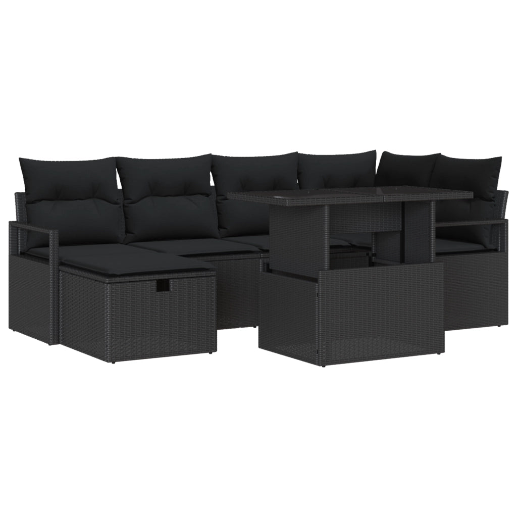Set divano da giardino  7 pezzi con cuscini neri in rattan polietilene