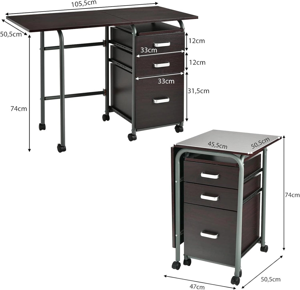 Scrivania Pieghevole e Rimovibile, Tavolo per Computer con Ruote Bloccabili, Tavolo con 3 Casseti di Dimensioni Diverse, Scrivania da Lavoro, Tavolo Porta PC in Legno (marrone)