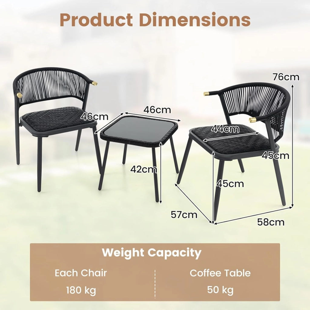 Set di mobili da giardino 3 pezzi, set da bistrot in rattan, 2 sedie imbottite e tavolino da caffè con piano in vetro temperato, per terrazza, patio, balcone, colore nero