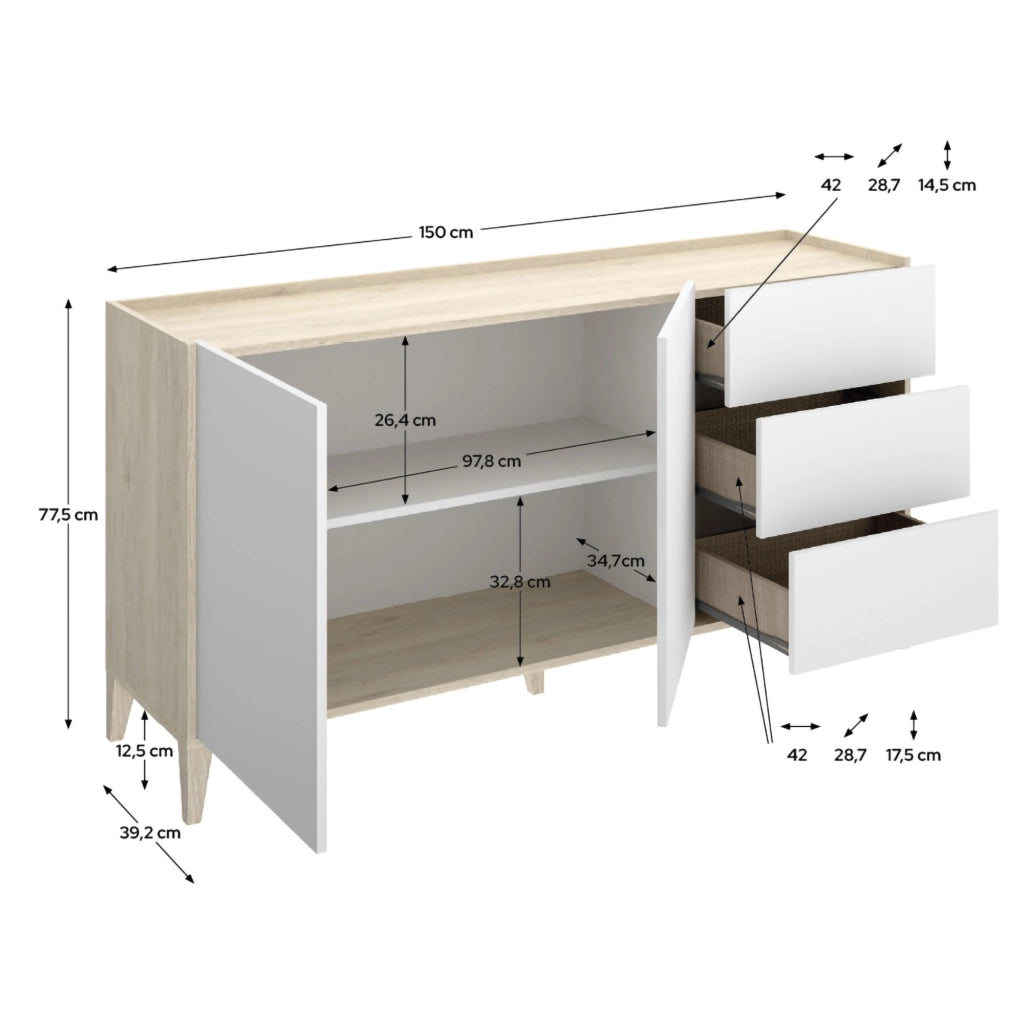 Madia Cadillac, Credenza 3 Cassetti, 40x150x78h cm Bianco