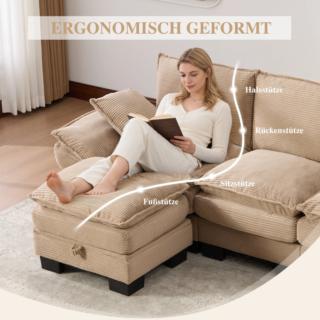 Canapé modulaire 3 posti con pouf, seduta ergonomica, porta USB-C e tasche laterali, in tessuto a coste khaki