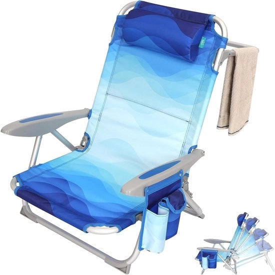 Poltrona da Campo Esterno 4 Posizioni con Cuscino di Supporto Alta e Sacchetto - Opaca Blu - Poltrona da Campeggio e da Giardino con Supporto per la Schiena