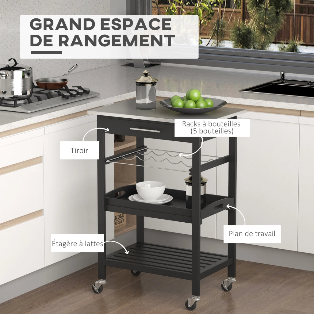 Carrello da Cucina ¨C Xylo ¨C 60x40x85 cm Piano in Acciaio Inox Nero con Ripiani