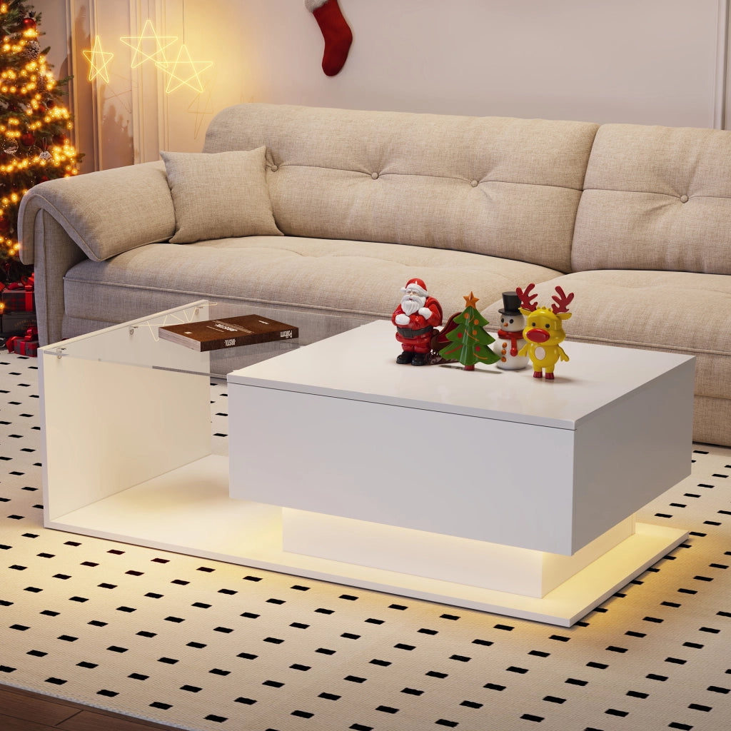OKWISH Tavolino da Salotto Rettangolare con 1 Cassetto, LED e Piano in Vetro, per Soggiorno, Bianco, 100×50×32 cm