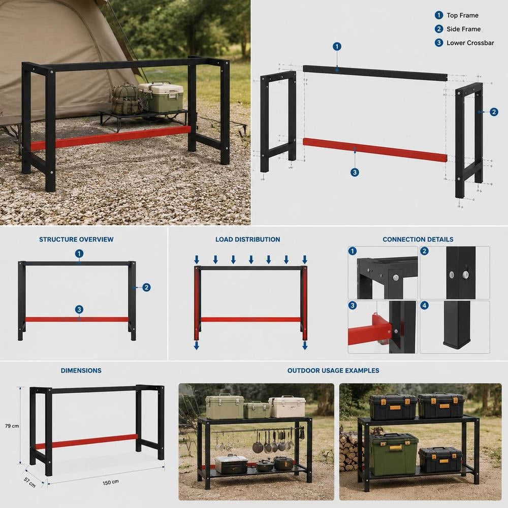 Metal Workbench Frame 150x57x79 Cm Black And Red