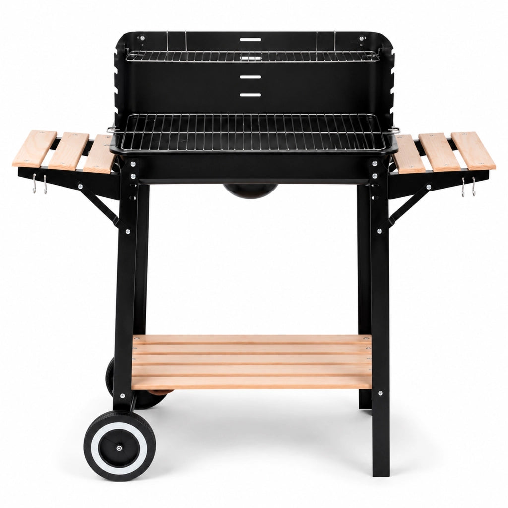 Barbecue A Carbone Con Paravento Antivento Griglia Cromata Ripiani Laterali In Legno Ganci Porta Accessori Ruote Integrate Per Giardino Terrazzo E Campeggio 94 x 40 x 84 Cm Nero