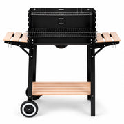 Barbecue A Carbone Con Paravento Antivento Griglia Cromata Ripiani Laterali In Legno Ganci Porta Accessori Ruote Integrate Per Giardino Terrazzo E Campeggio 94 x 40 x 84 Cm Nero