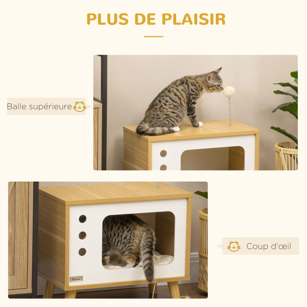 Niche per gatto a forma di TV con cuscino e palla ¨C zephmum ¨C grigio 50x28x43 cm