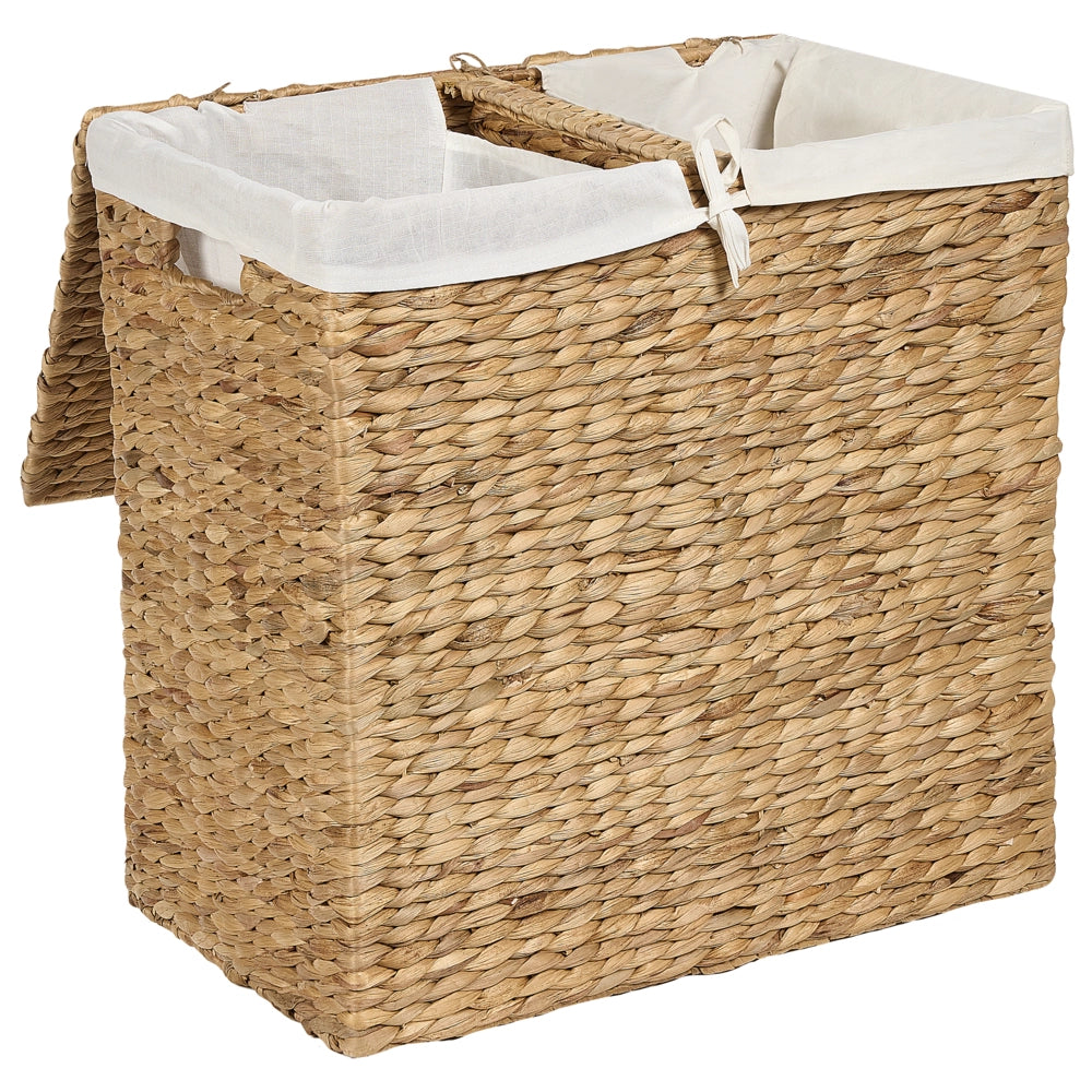Cesto per la biancheria in giacinto d'acqua con 2 scomparti e coperchio in legno chiaro stile boho lavanderia