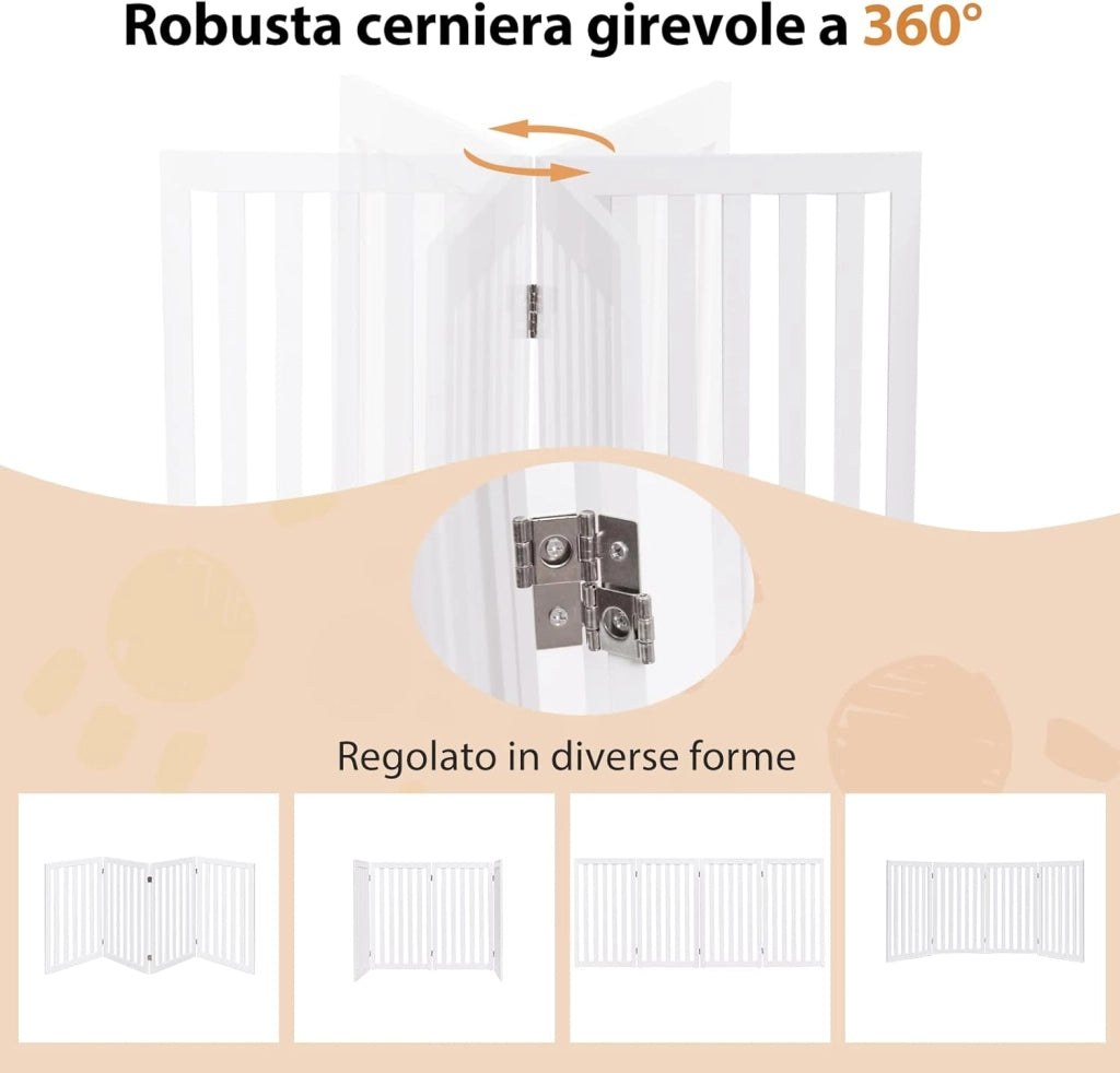 Cancelletto per Cani Pieghevole in Legno con 4 Ante, Ideale per Scale, Soggiorno e Cucina, 89 x 200 cm, Bianco