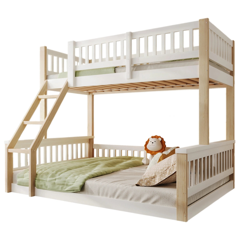Letto a castello in legno di pino 90x200 cm + 140x200 cm; bianco e naturale