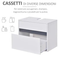 Mobiletto Sottolavabo e Copricolonna per il Bagno, in Legno Bianco con 2 Cassetti e Taglio a U, 67 x 36 x 52cm