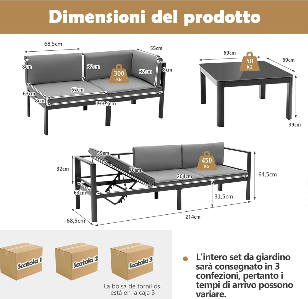Set di Divani in Alluminio per Patio, Divano a 5 Posti con Schienale Reclinabile a 6 livelli, con Tavolino e Cuscini per Sedili e Schienale, Ideale per Giardino e Piscina, Grigio