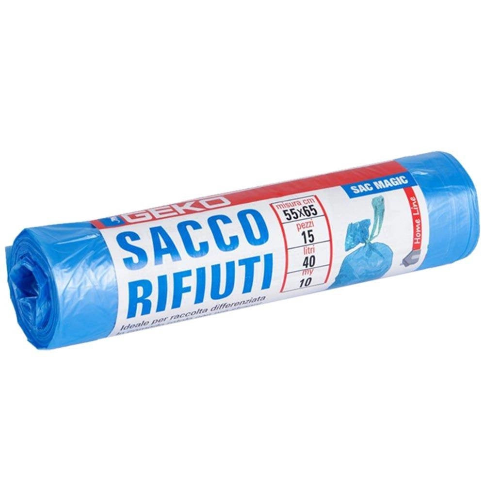 Trade Shop - 7x Rotoli Sacchetti Buste Spazzatura 40lt 55x65 Chiusura Laccetto Azzurro 105pz -