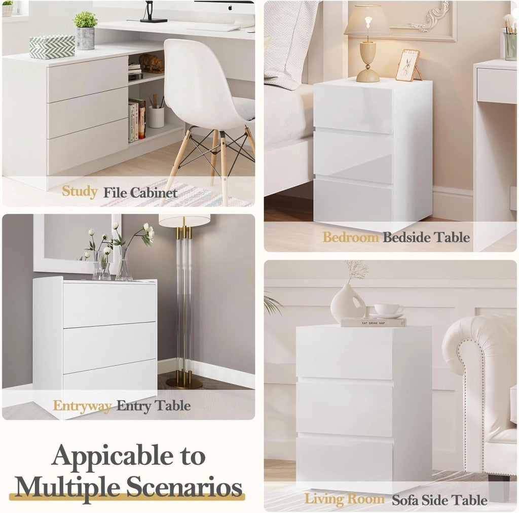 Set di 2 Comodino per Camera da Letto, Mobiletto Bianco con 3 Cassetti, Cassettiera Piccola Salvaspazio in Legno, con Guide Metalliche, Design Moderno, 40x35x62cm