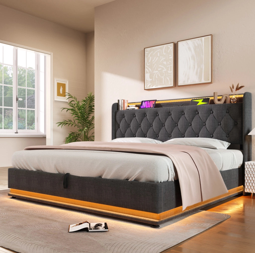 Letto matrimoniale 140x200 cm grigio con LED, USB-C e materasso